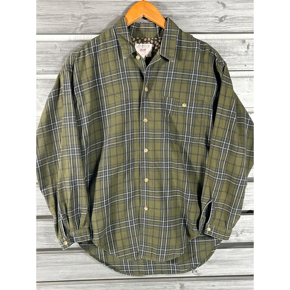 Vintage Calvin Klein Sport Mens Small Green Plaid Flannel Button Down Shirt
